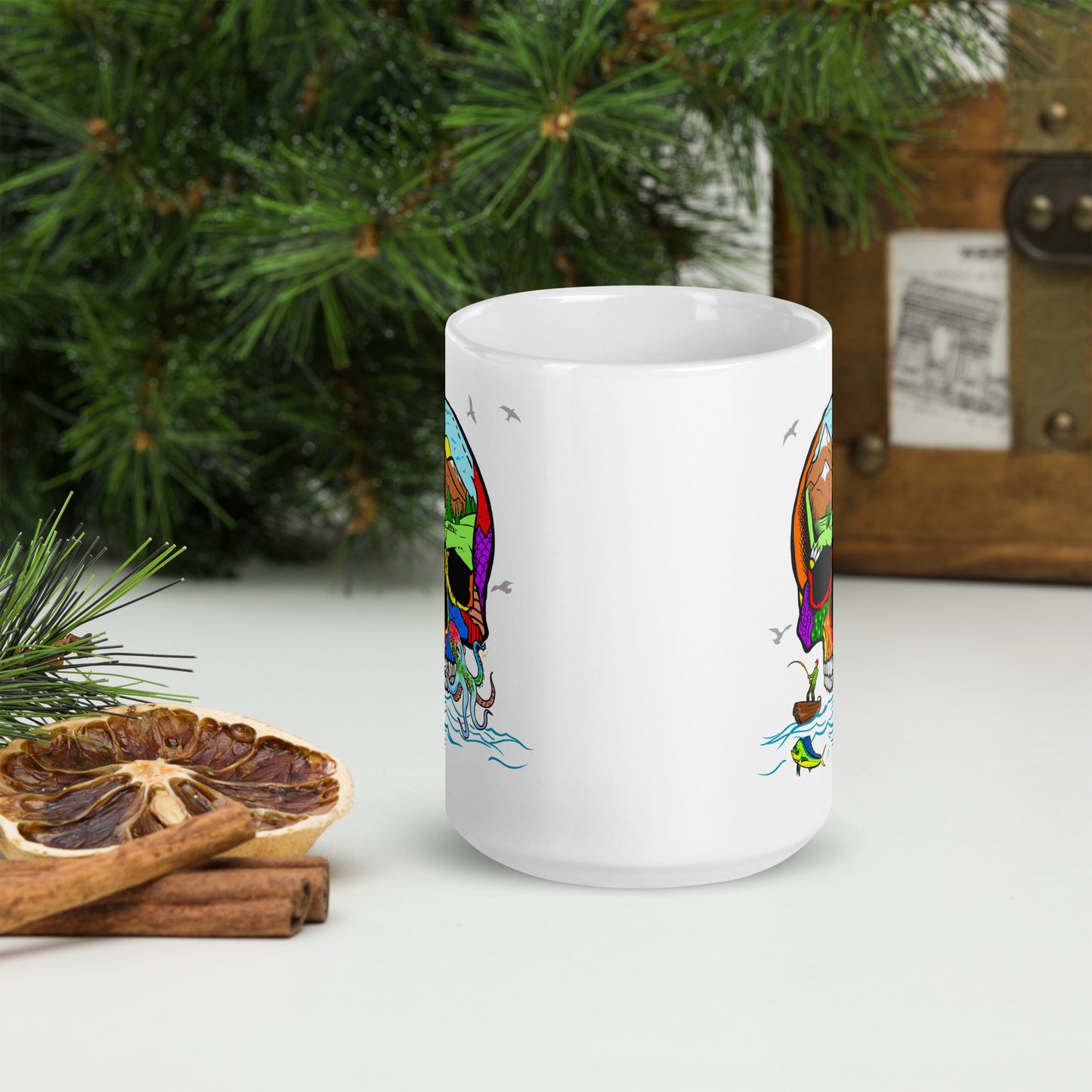 Fishing Skull - 15 oz White glossy mug