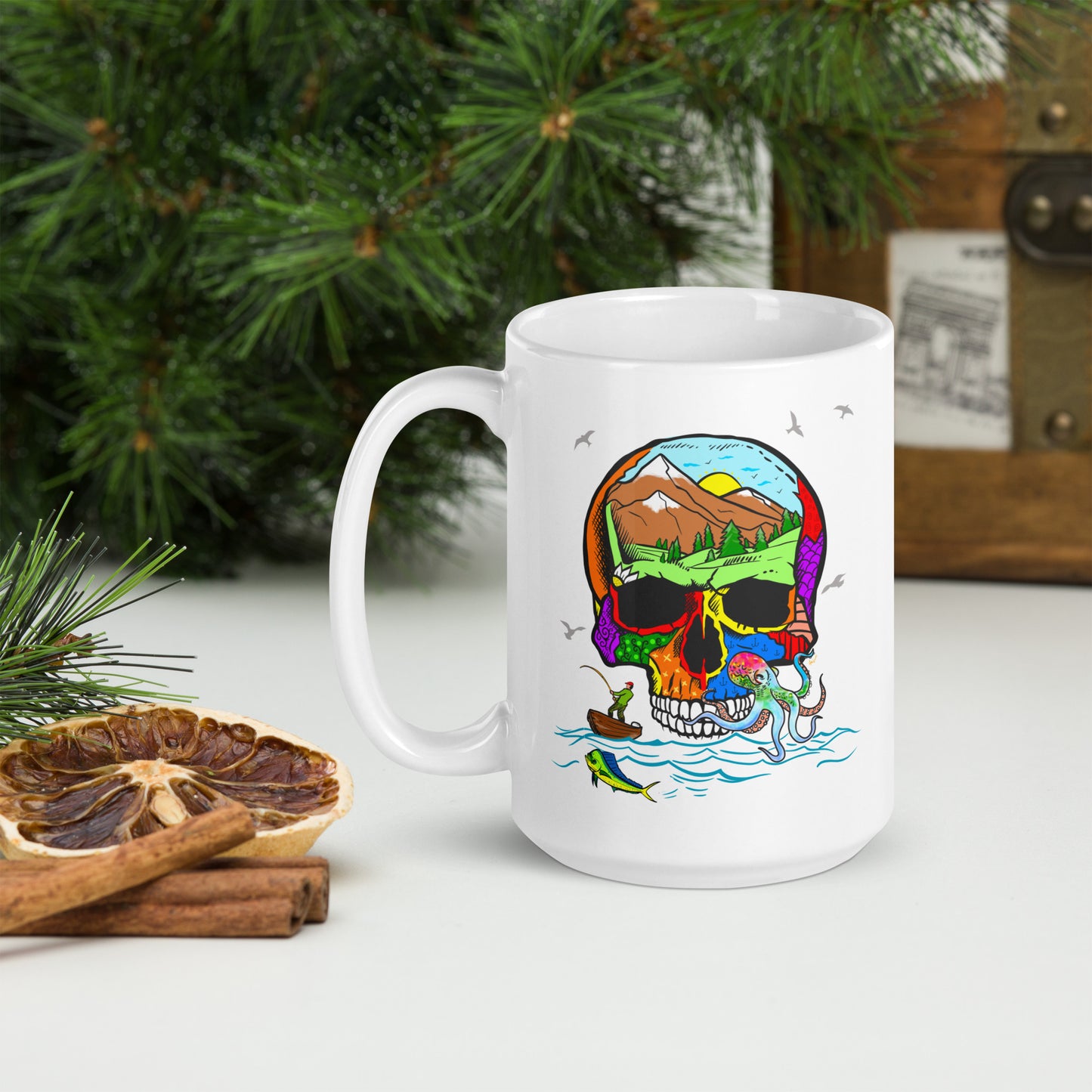 Fishing Skull - 15 oz White glossy mug