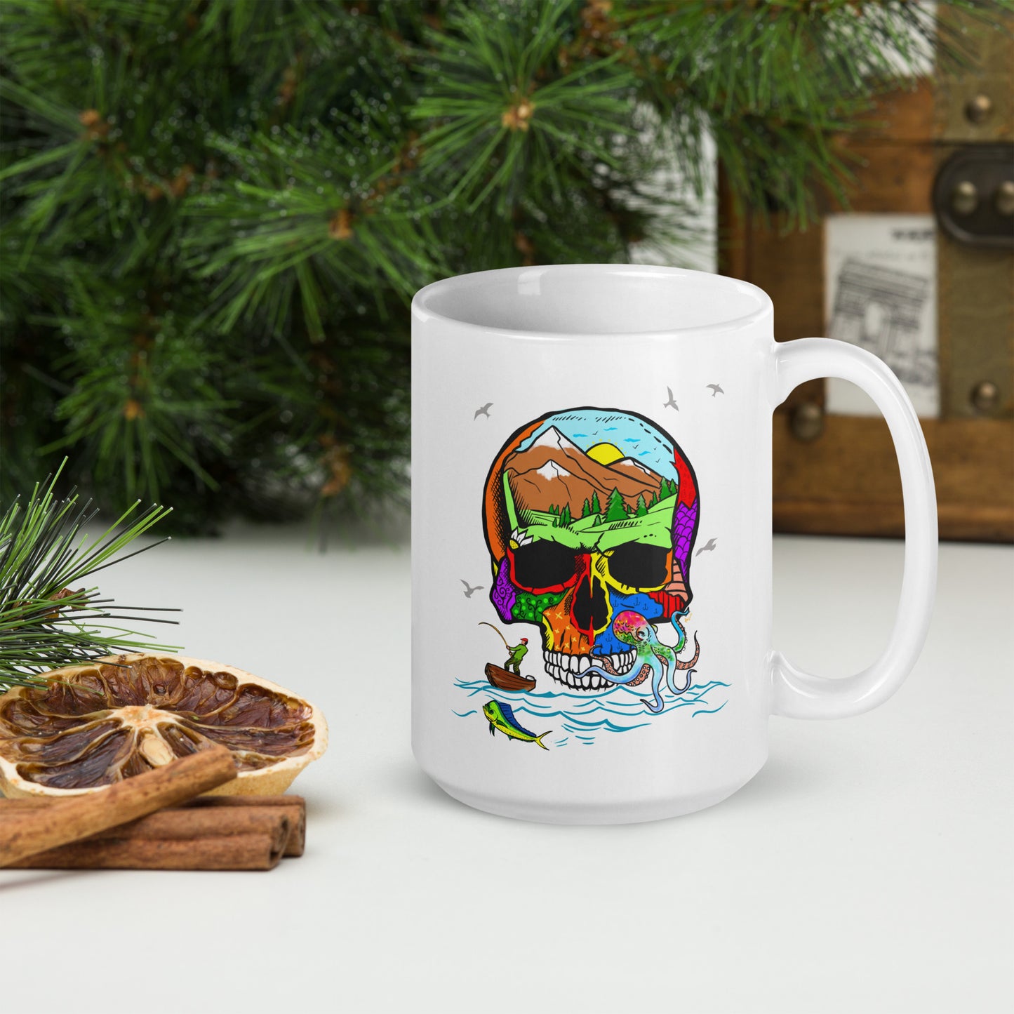 Fishing Skull - 15 oz White glossy mug