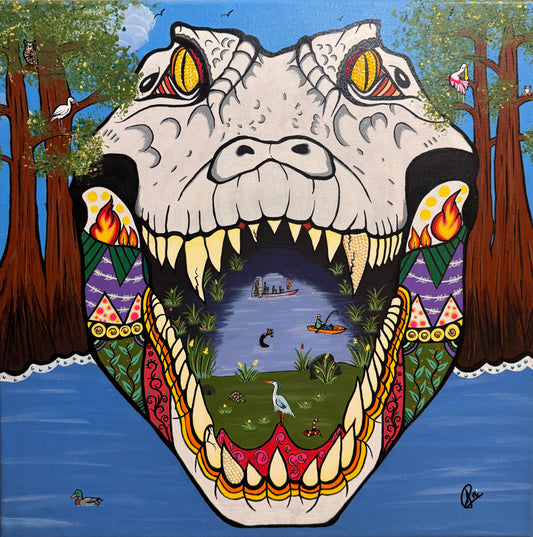 Everglades Surrealism – Alligator Skull Wildlife Painting (20x20)